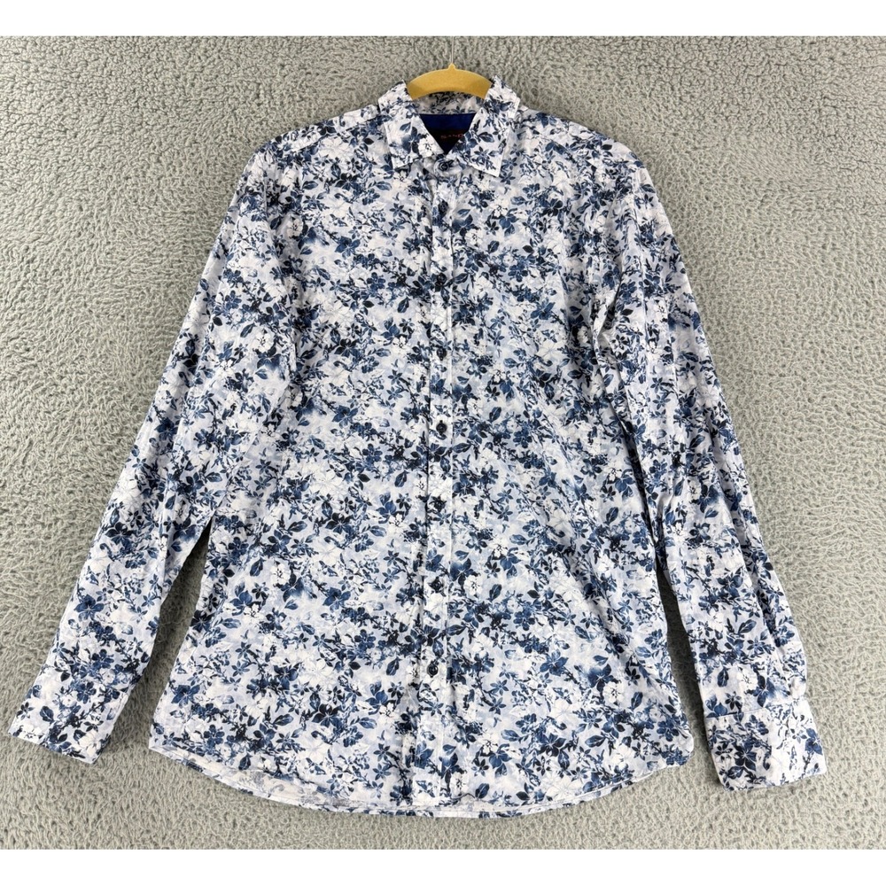 Sand Copenhagen Men's Blue Floral Print Button Down Shirt Size Large Long Sleeve